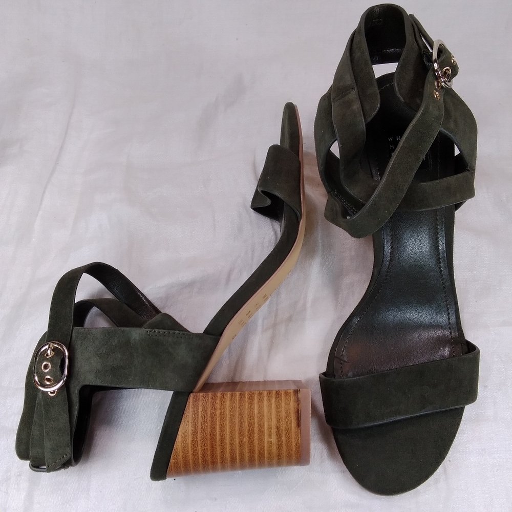 White House Black Market Marlo Olive Suede SANDALS Womens Size 6.5M Chunky Heels - Picture 12 of 12